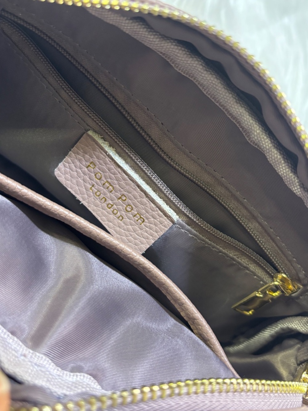 NWOT [Pom Pom · London] Leather Tan & Gold Chevron Crossbody Bag | Mauve Purse - Picture 10 of 16